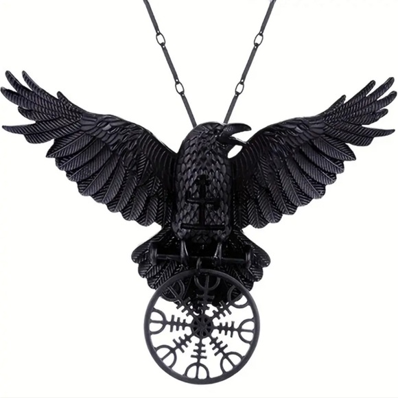 Black Raven Amulet Flying Viking Compass Crow Necklace - NEW - Picture 1 of 3